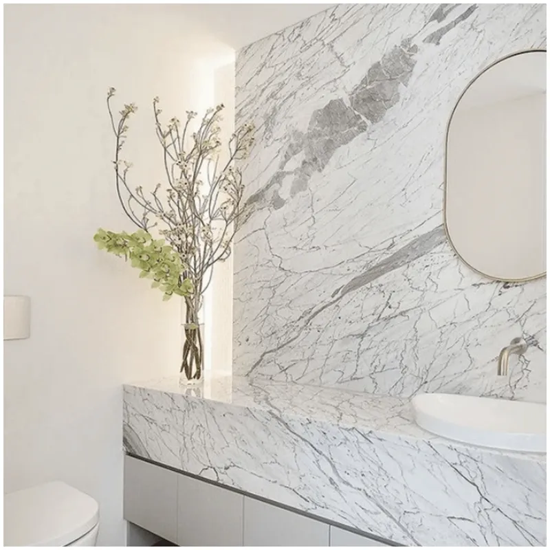 Bathroom Designs with Bianco Statuario White Marble Wall Hanging Vanity Tops and Wall 
